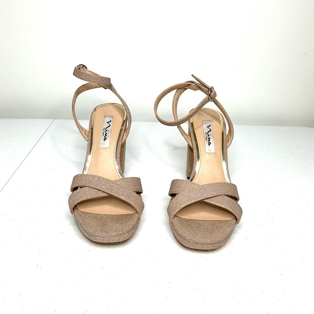 Nina Sheila Ankle Strap Platform Sandal Women Sz 7 Gold Sparkle Glam Wedding